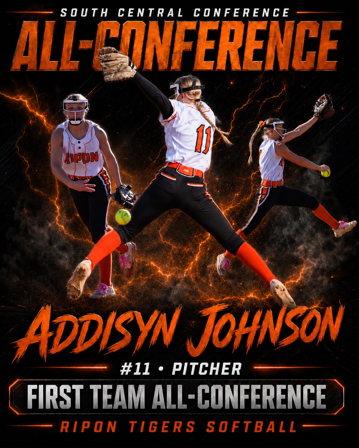 Addisyn Johnson First Team All-Conference number 11 pitcher graphic