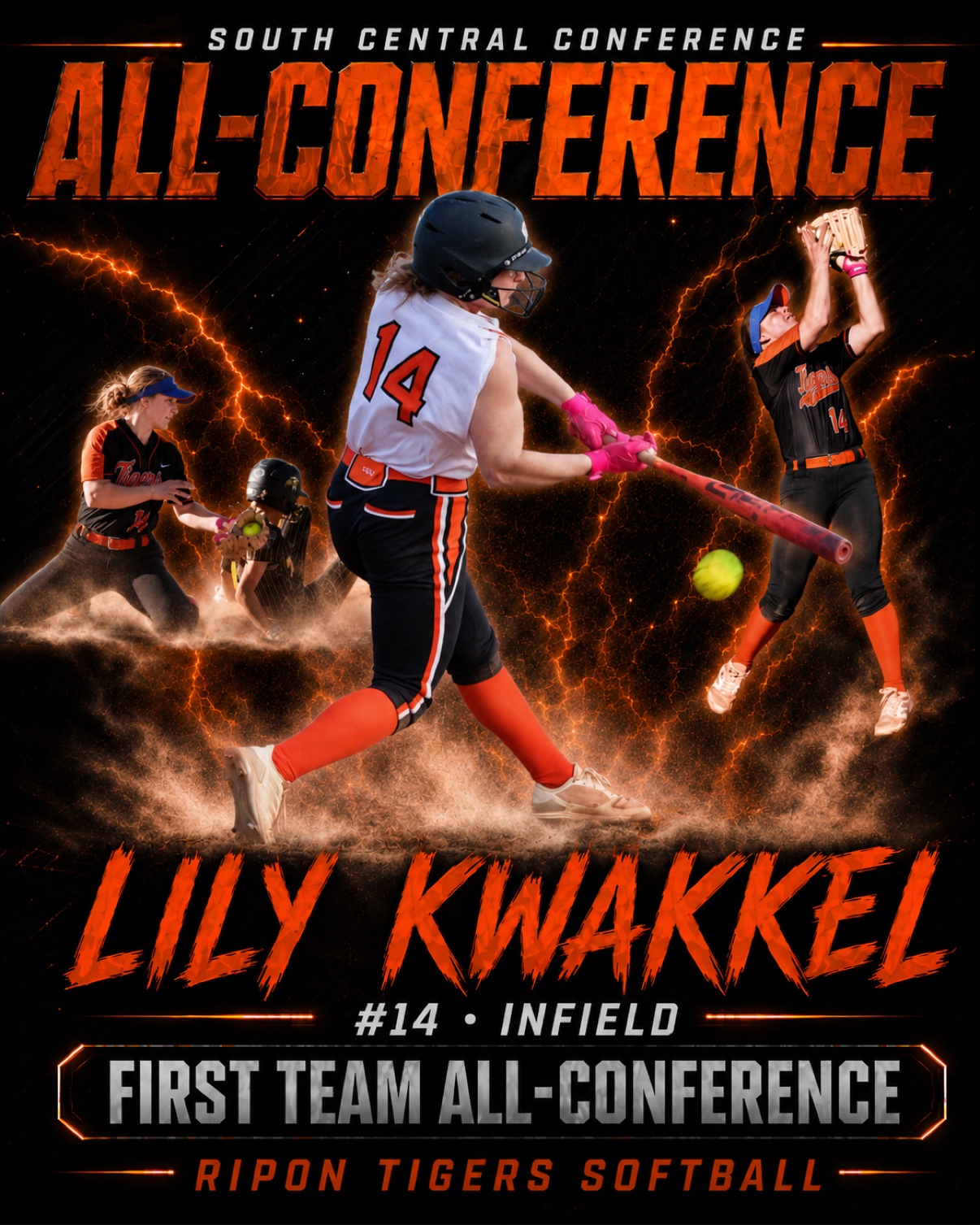 Lily Kwakkel First Team All-Conference number 14 infield graphic