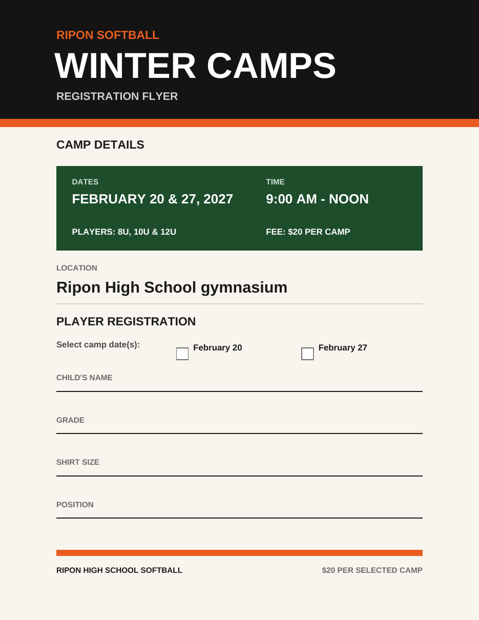 Preview of the Ripon Softball winter camps registration flyer